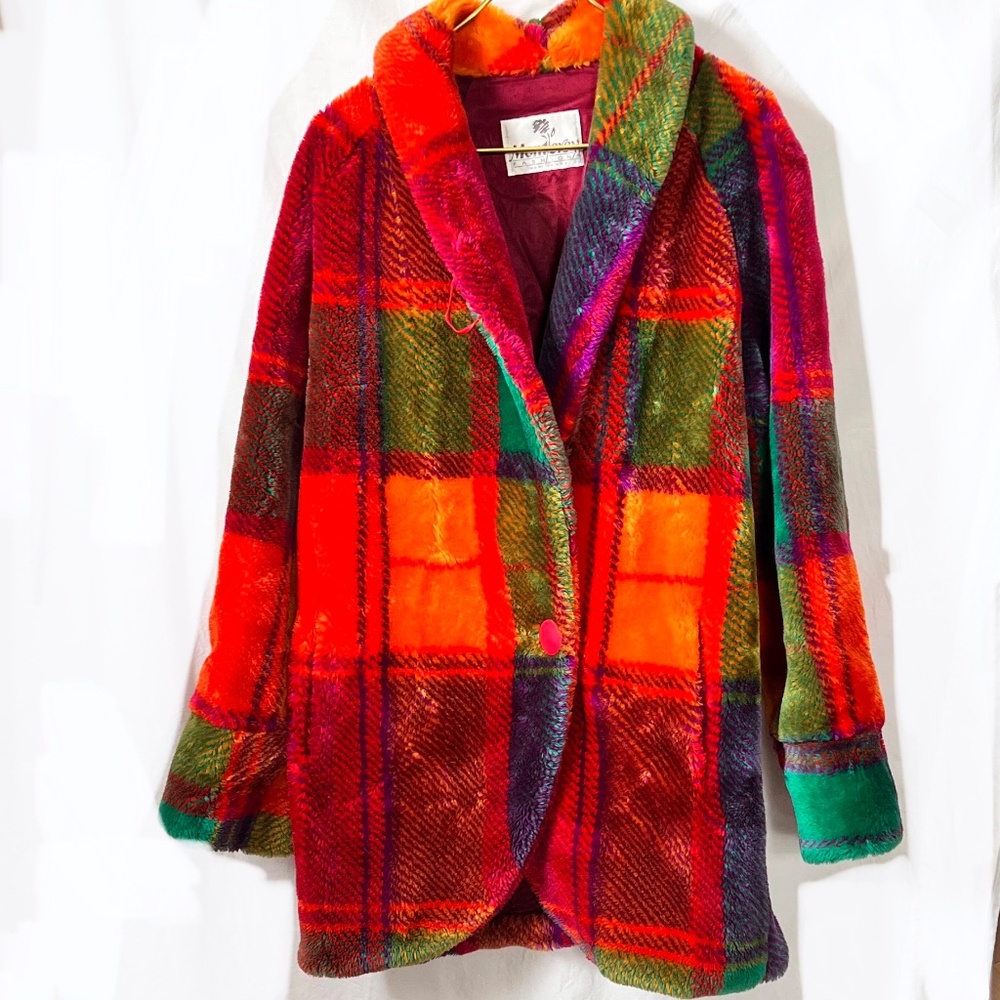 Vintage 80s Monterey Fashions Faux Fur Coat Made in USA Colorful Plaid Oversized